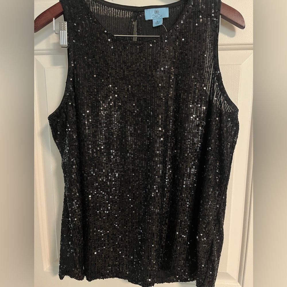 CeCe Black Sequin Sleeveless Tank Top. NWT Size XL